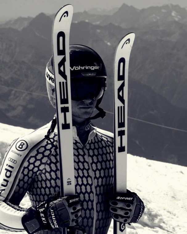 Holding the race skis