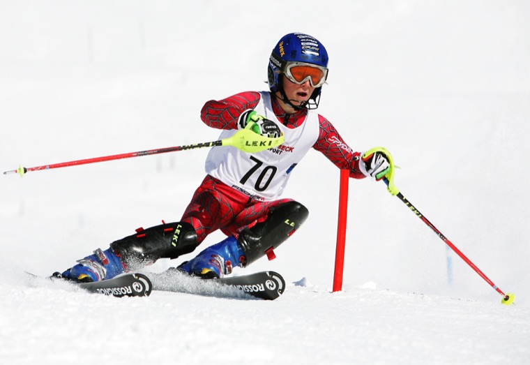 Slalom run in red, bib number 70