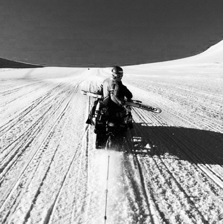 Riding the lift up, black and white